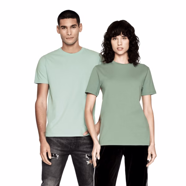 Two models wearing Men's Classic Jersey Organic T-shirt by Earth Positive showing two bundle pack