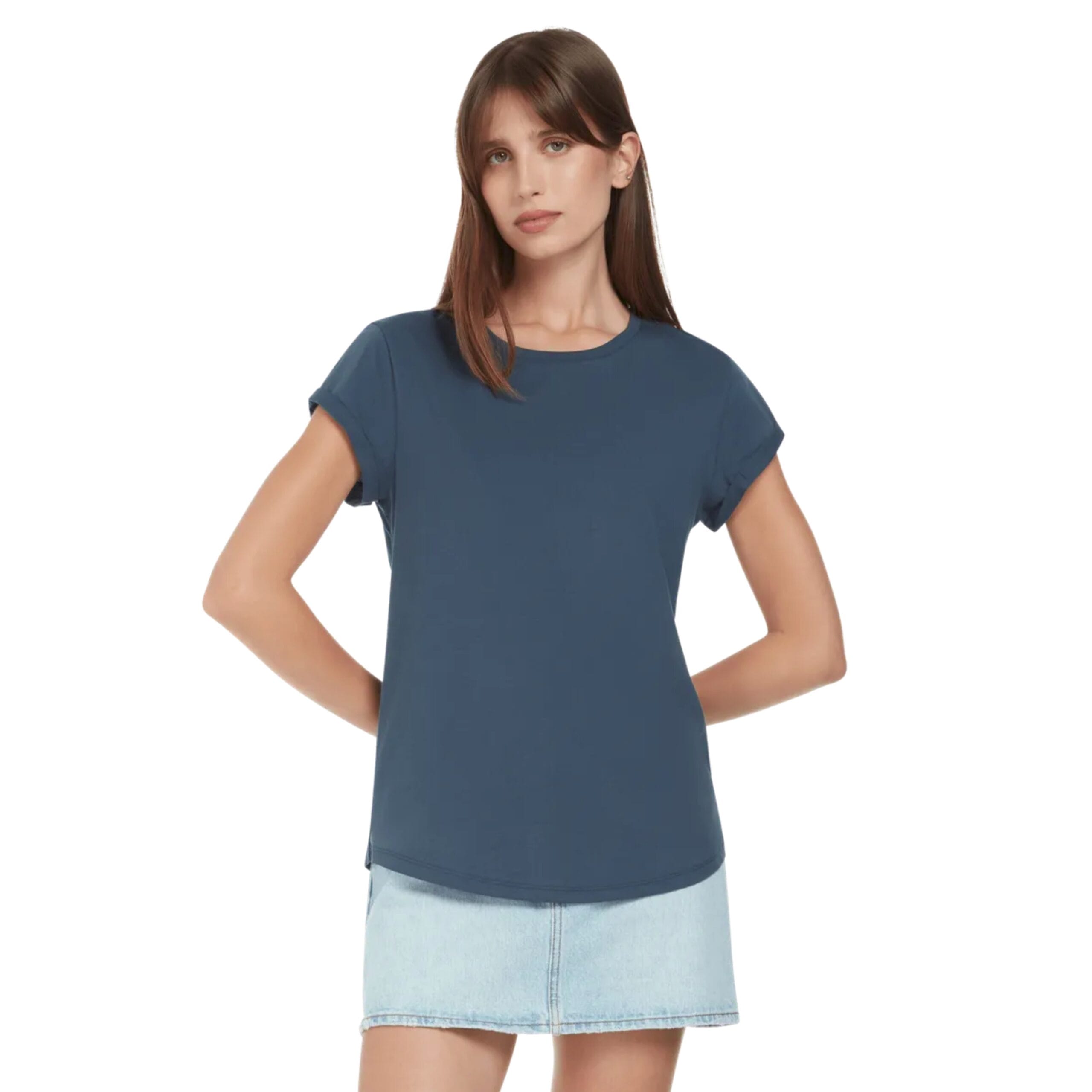 Women's Organic Cotton T-shirt with Rolled Sleeves in Denim Blue