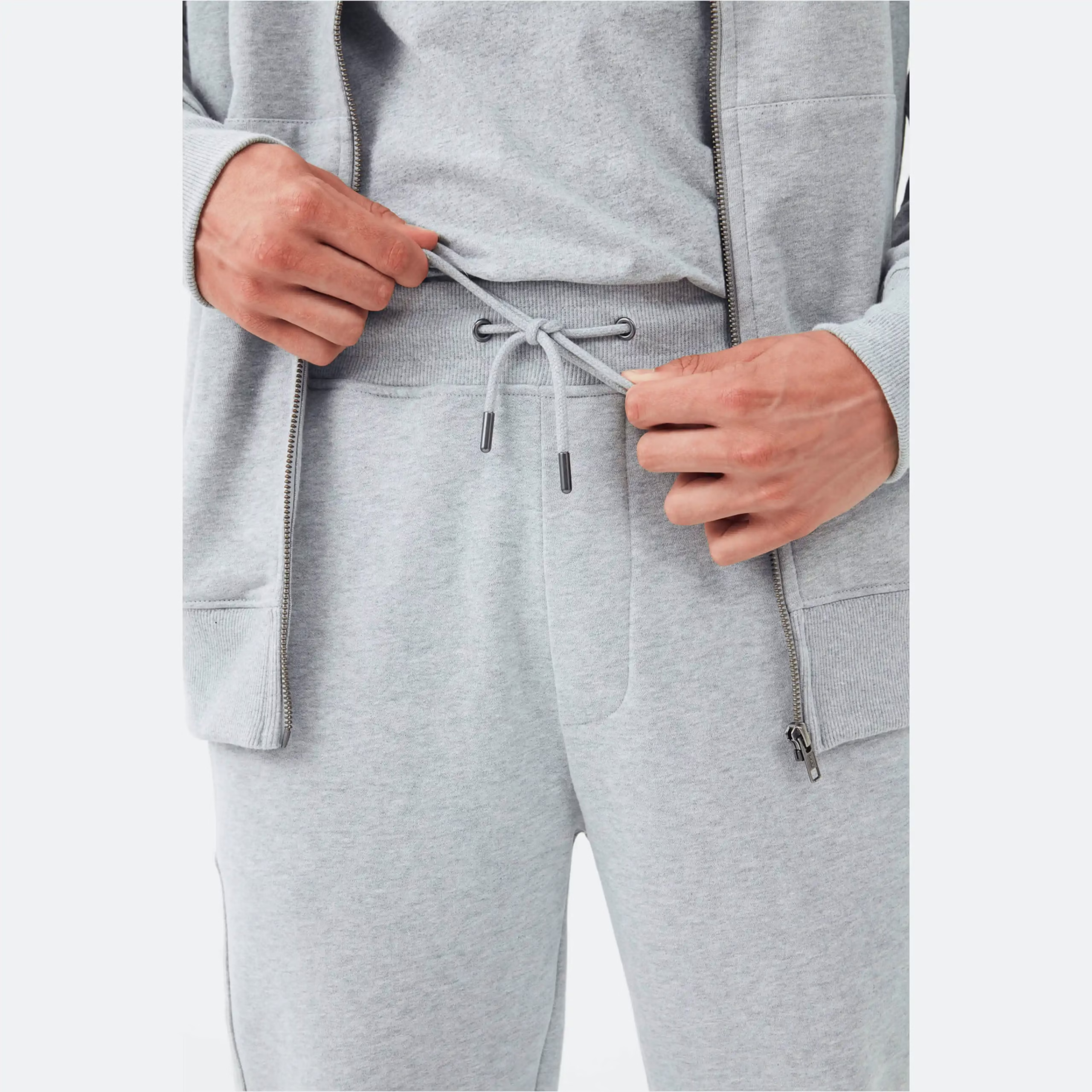 Close up of metal drawstring tips for Unisex Organic Sweatpants by Earth Positive (EP340) in the colour Sueded Heather at Pandemonium Paradise