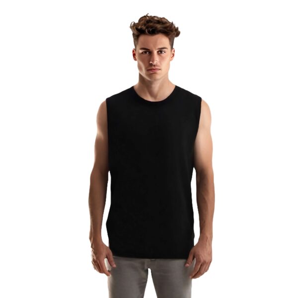 Man wearing organic cotton sleeveless tee singlet.