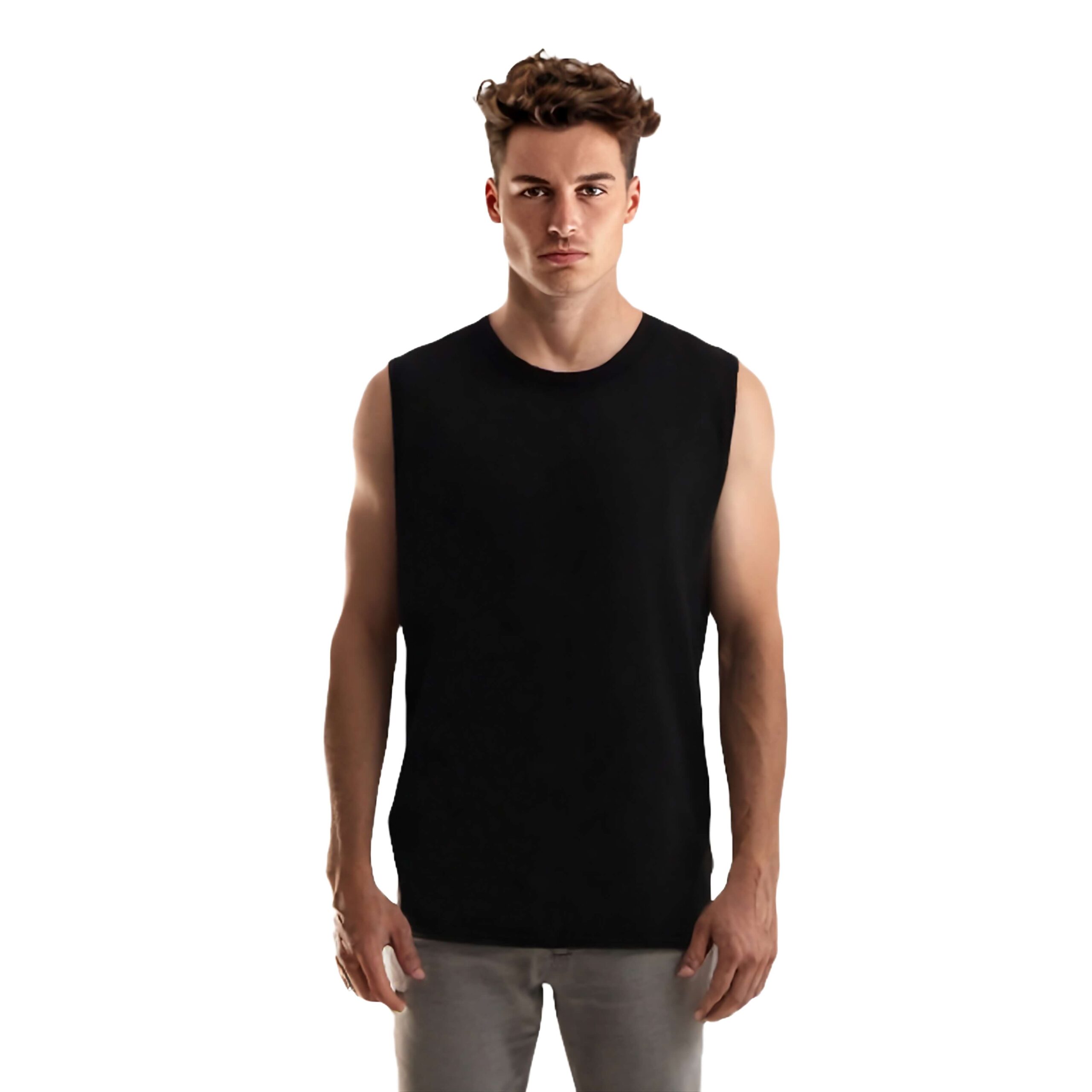 Man wearing organic cotton sleeveless tee singlet.
