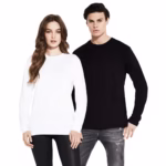 Woman wearing white long sleeve tee and man wearing black long-sleeved t-shirt.