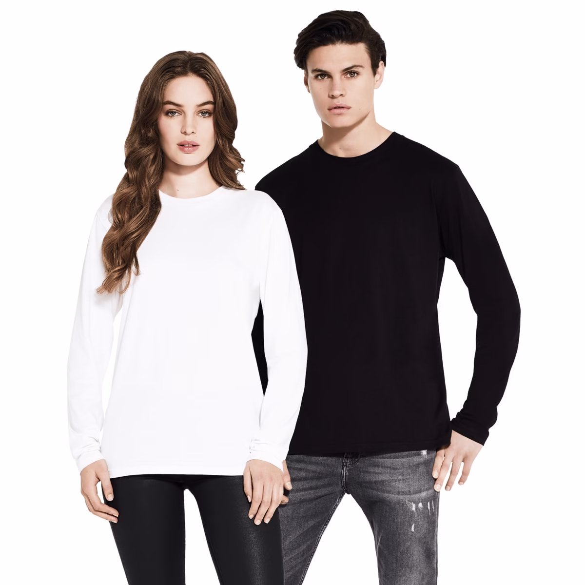 Woman wearing white long sleeve tee and man wearing black long-sleeved t-shirt.