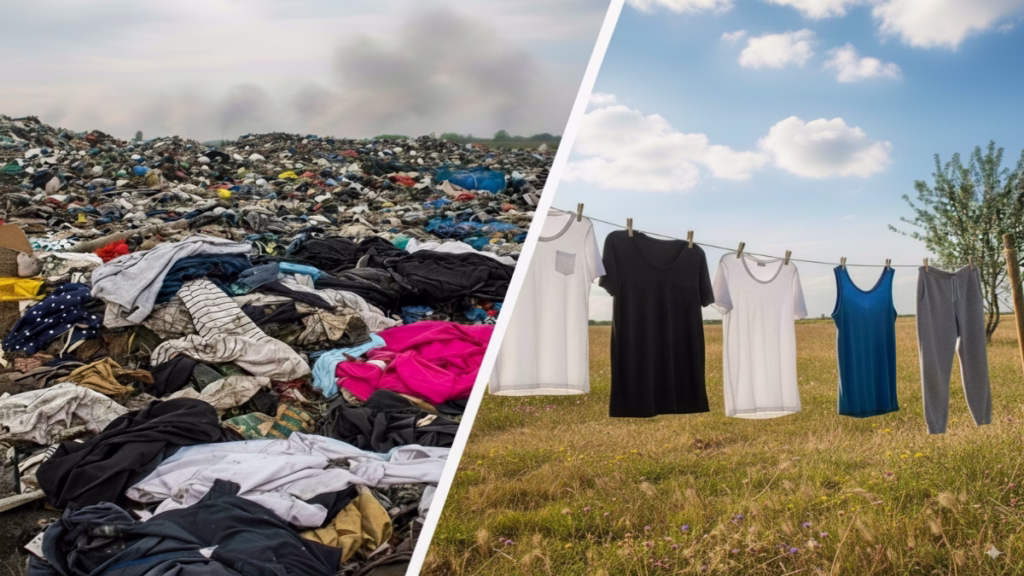 Fast Fashion Clothing in Landfill vs Sustainable Fashion on Clothesline