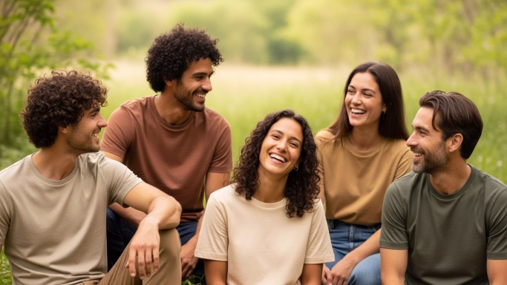 Group wearing organic cotton t-shirts