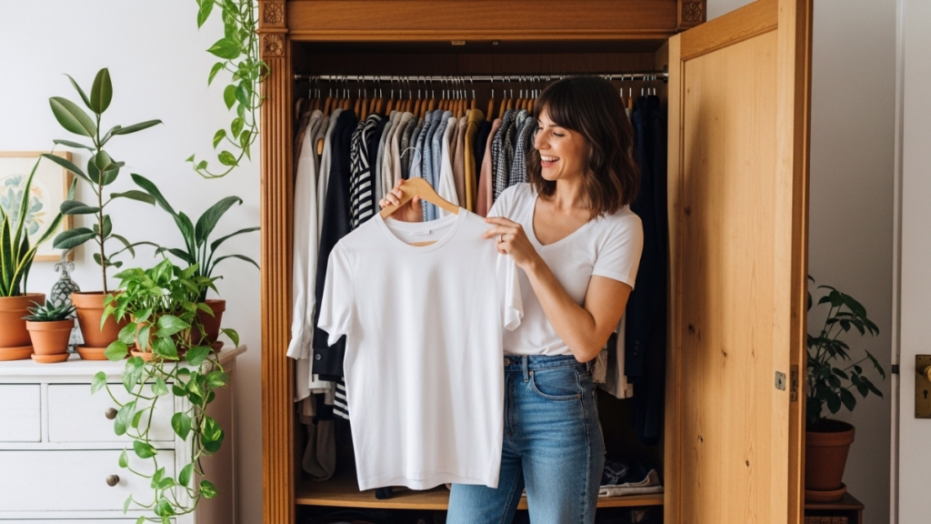 Woman building a sustainable wardrobe holding organic cotton t-shirt
