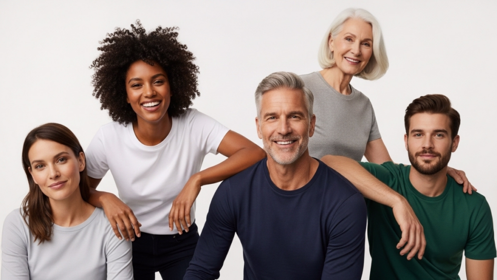 Group wearing organic cotton ethical apparel photo shoot