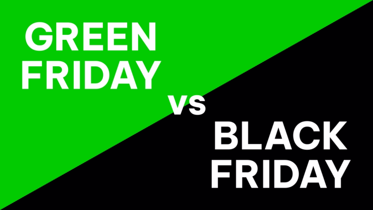 Diagonal split image showing Green Friday versus Black Friday comparison for conscious consumers