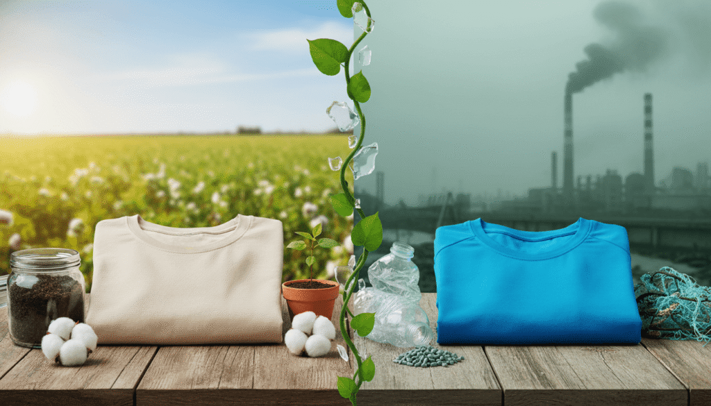 Ethical organic cotton t-shirt against field backdrop compared to polyester t-shirt against factory pollution backdrop.