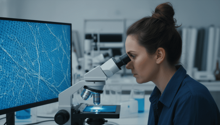 Comparing polyester clothing fabric under a microscope vs organic cotton clothing.