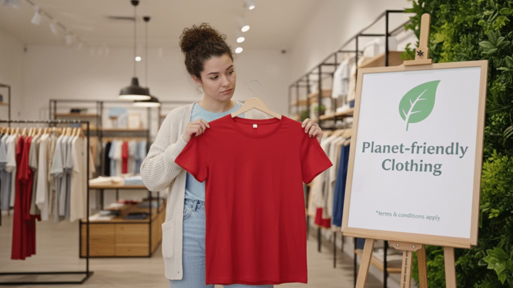 Woman confused by misleading “planet-friendly clothing” sign, illustrating greenwashing in Australian fashion