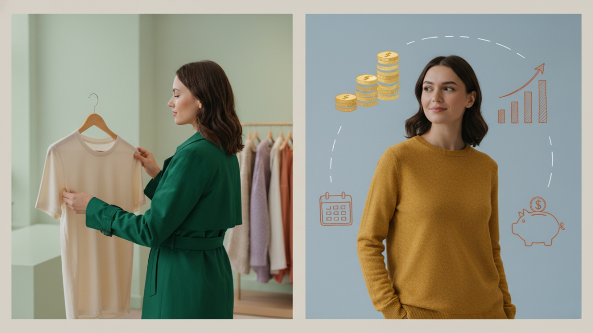 A timeline image of woman choosing to invest in long lasting organic cotton clothing and enjoying the long term savings cost in the future.