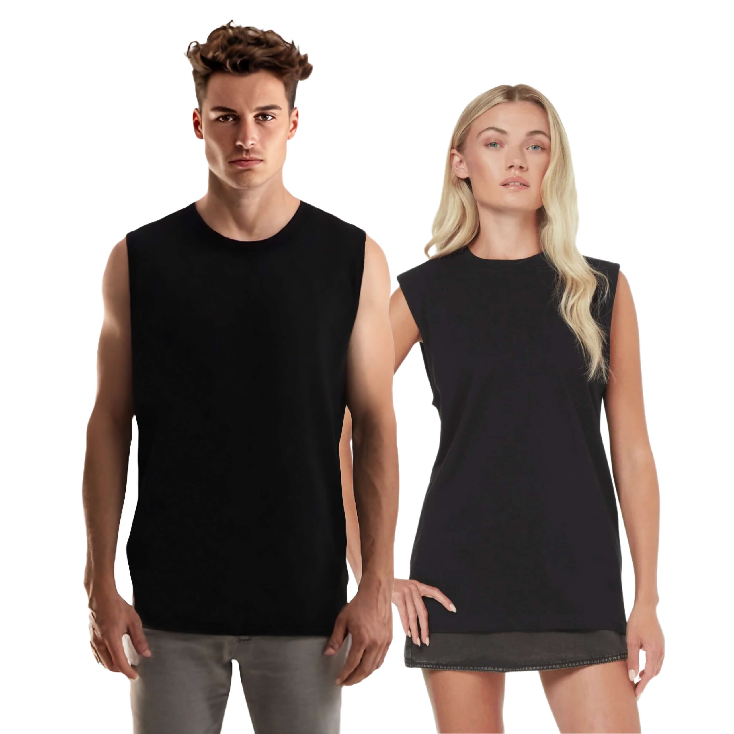A man and woman wearing Men's Organic Cotton Singlet Sleeveless Tee Bundle