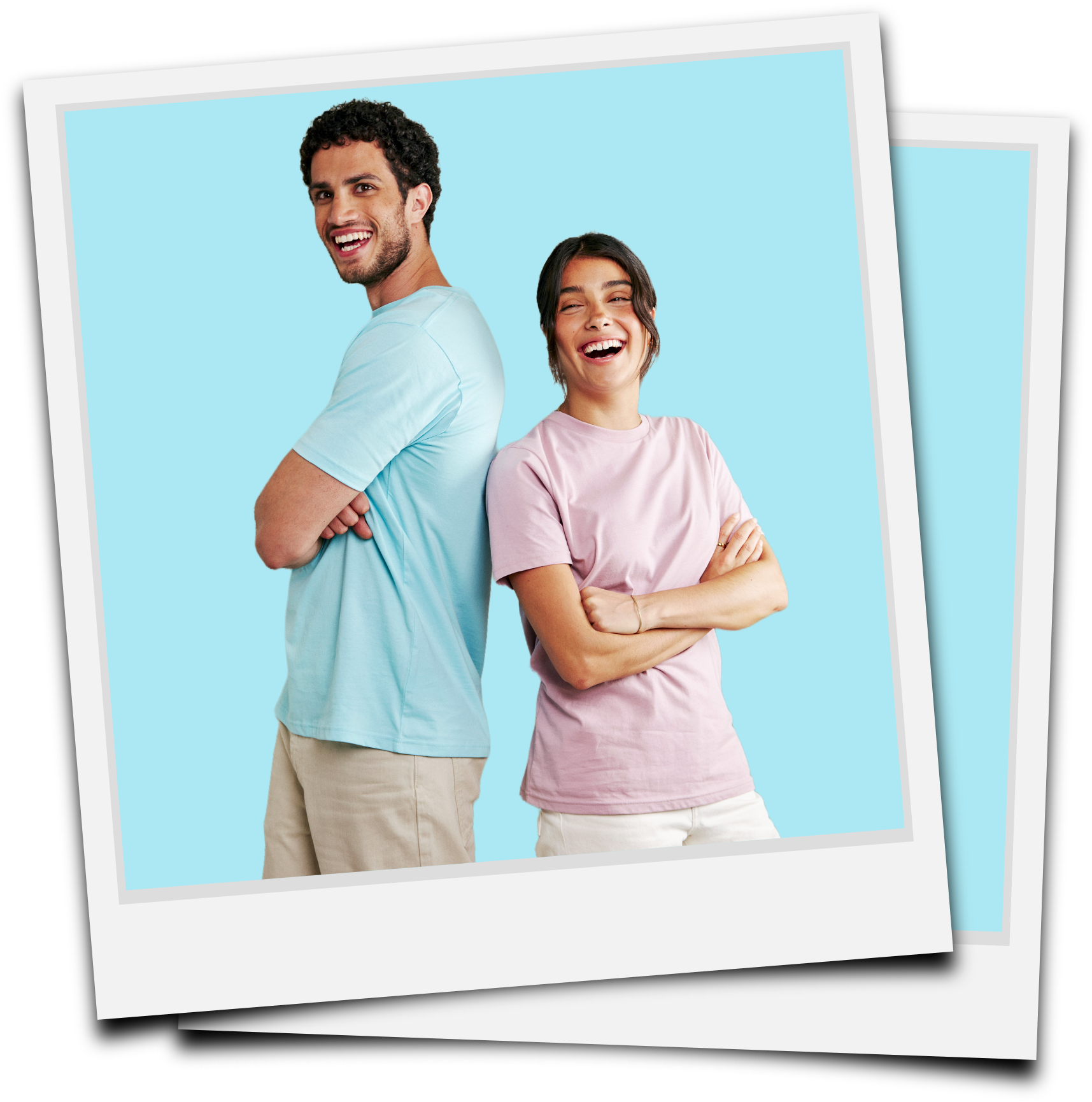 Two people laughing while wearing Fair Trade organic cotton t-shirts