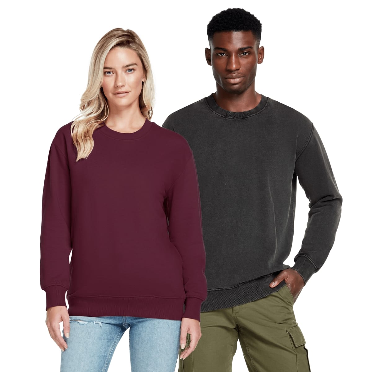 Unisex Organic Cotton Sweatshirt Modeled in Stonewashed Burgundy and Stonewashed Black