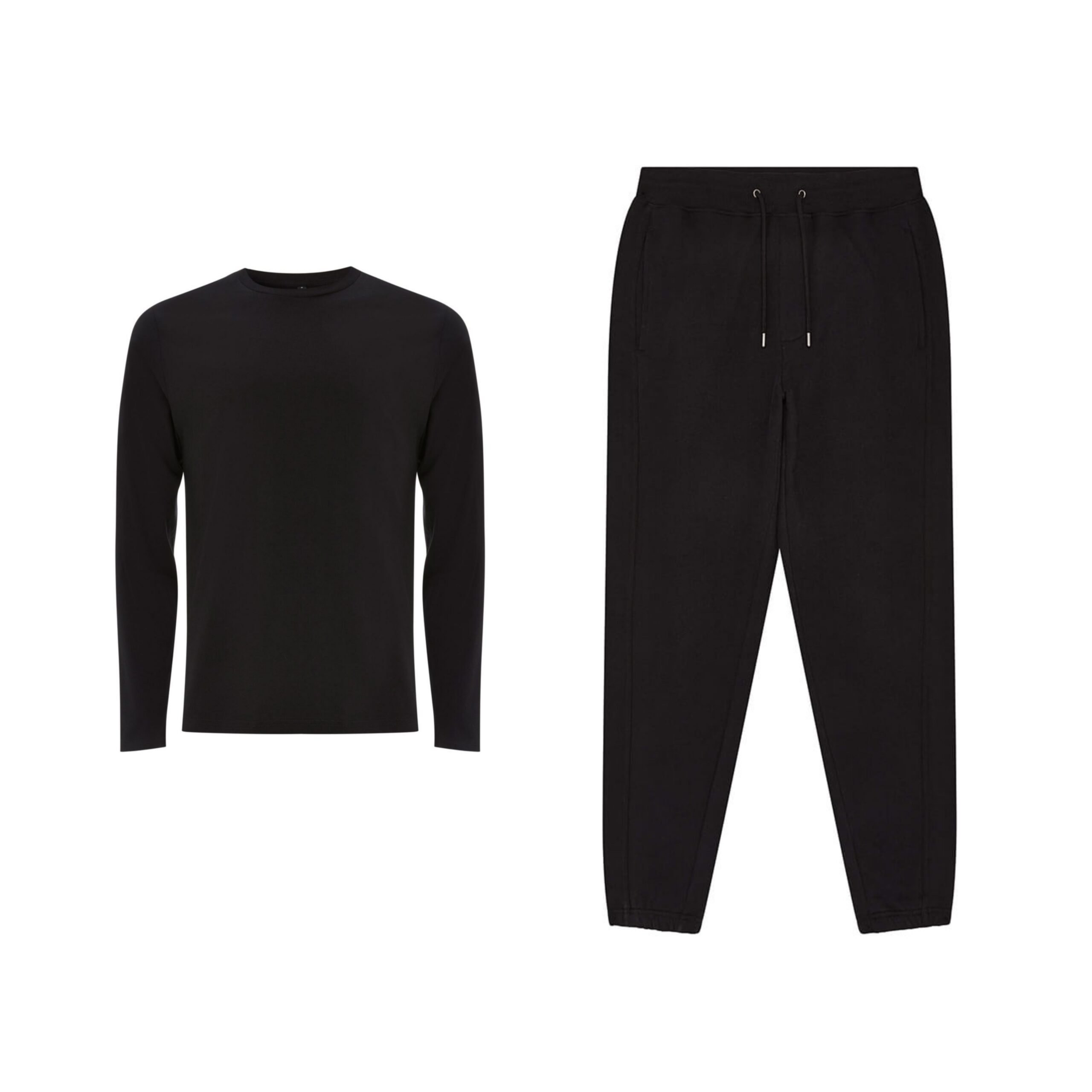 Set displaying Unisex Organic Cotton Long Sleeve T-shirt and matching Sweatpants