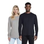 Woman and man wearing organic cotton long sleeve t-shirts.