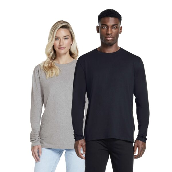 Woman and man wearing organic cotton long sleeve t-shirts.