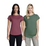 Two women wearing rolled sleeve organic cotton t-shirts by Earth Positive
