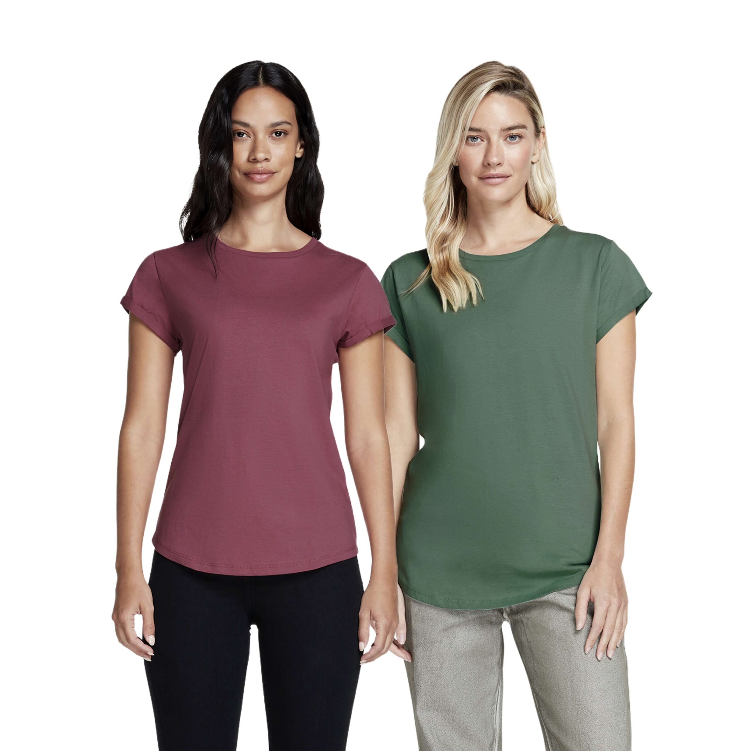 Two women wearing rolled sleeve organic cotton t-shirts by Earth Positive