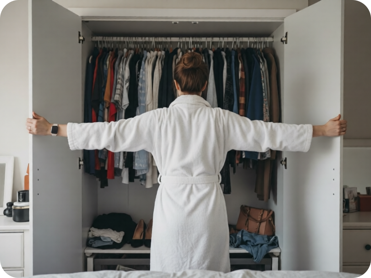 Woman in front of open wardrobe experiencing clothing decision fatigue.