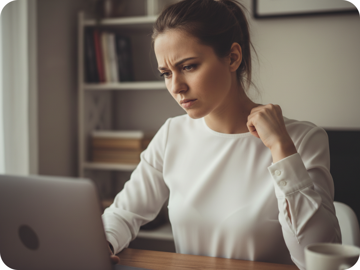 Woman working at desk and feeling subconsciously uncomfortable in synthetic clothing.