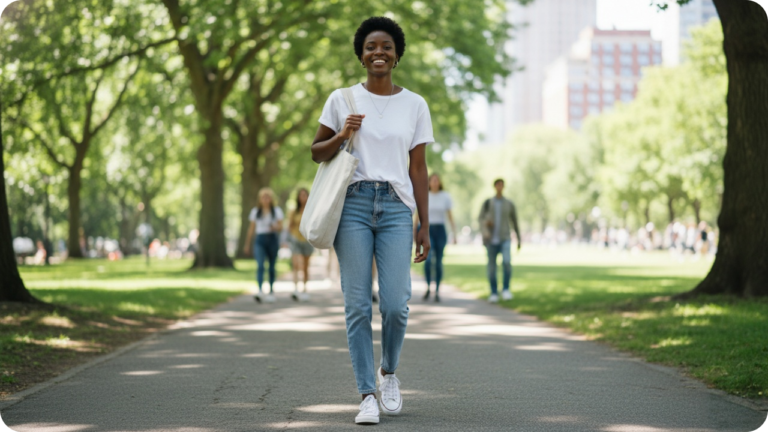 Woman feeling confident choosing and wearing organic cotton clothing