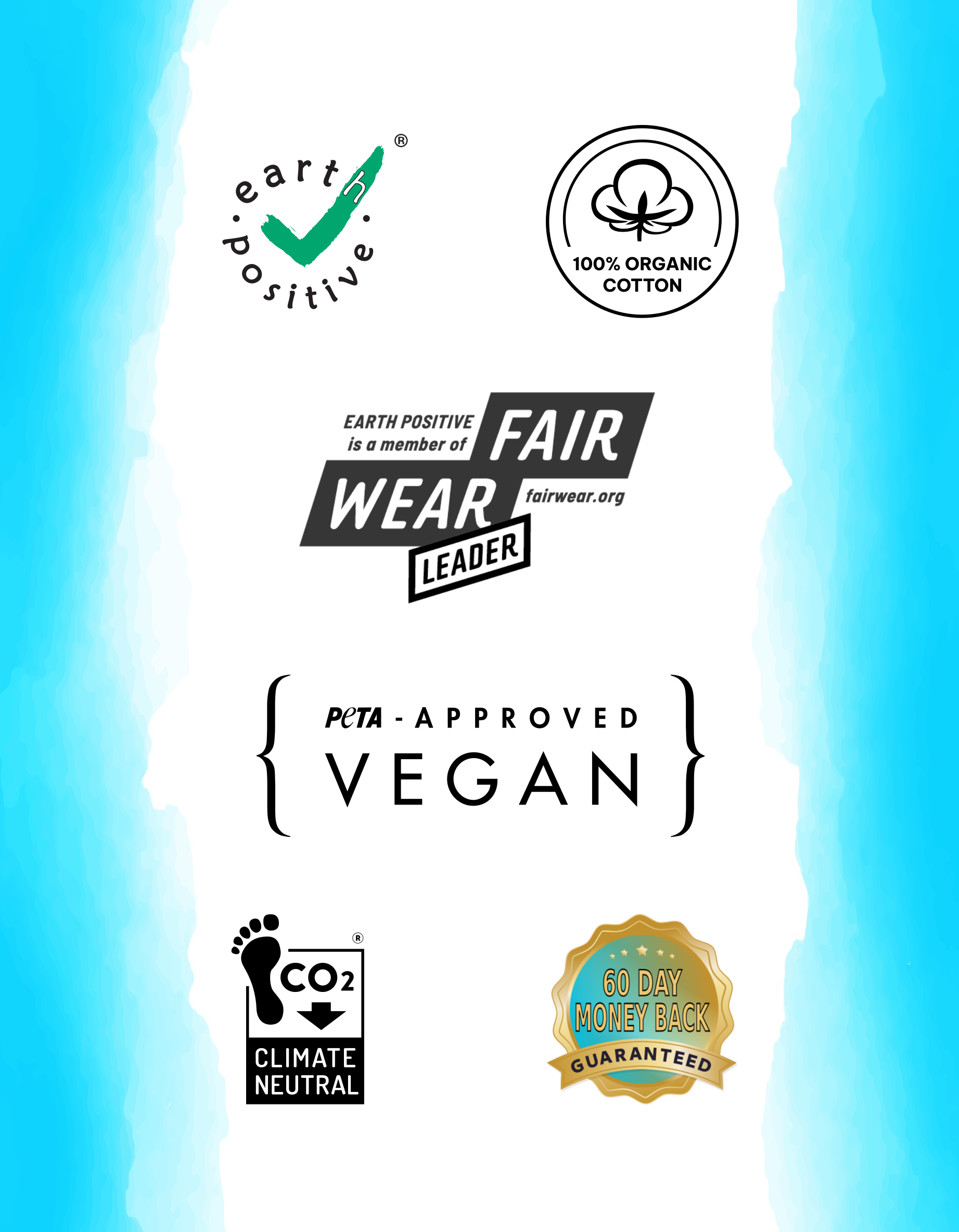 Earth Positive, 100% Organic Cotton, Fair Wear, Vegan, Climate Neutral logos