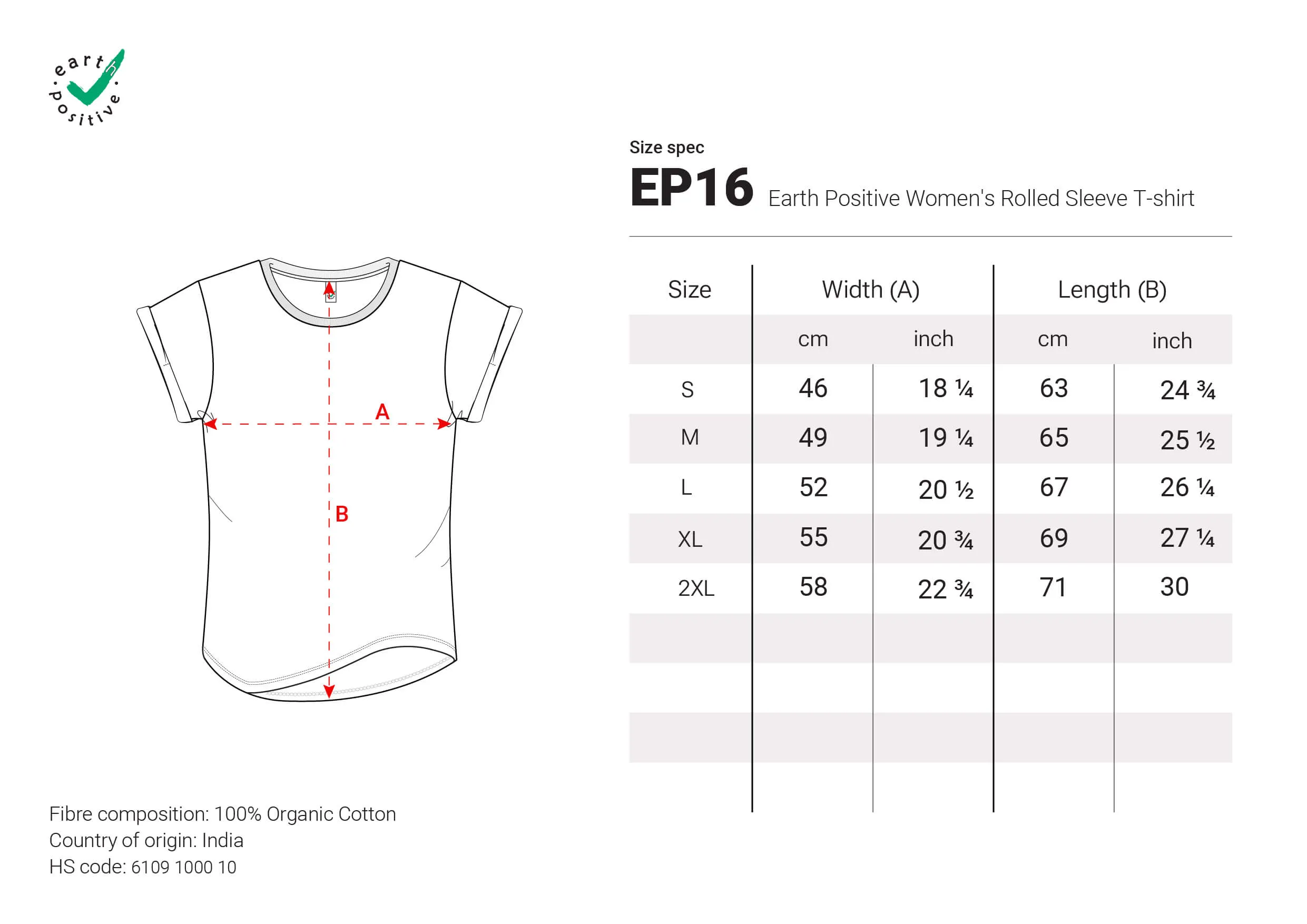 Women's Organic Cotton Rolled Sleeve T-shirt Size Chart